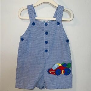 VINTAGE Samara Blue Checkered Kids Overalls with Race Car Patch - #1!